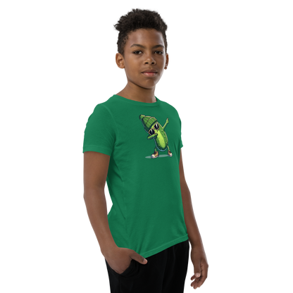 Dabbing Pickle youth t-shirt in Kelly green, angled front view