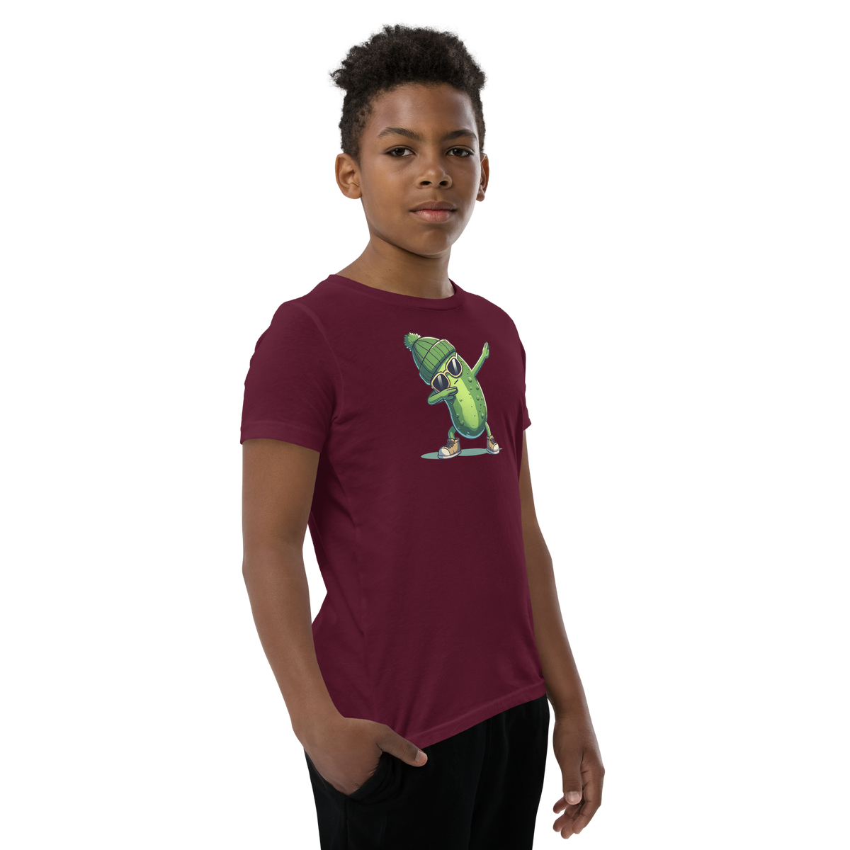 Dabbing Pickle youth t-shirt in Maroon, angled front view
