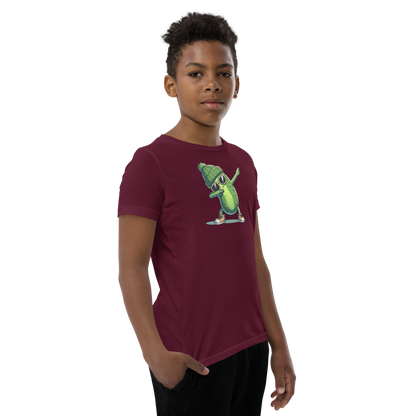 Dabbing Pickle youth t-shirt in Maroon, angled front view