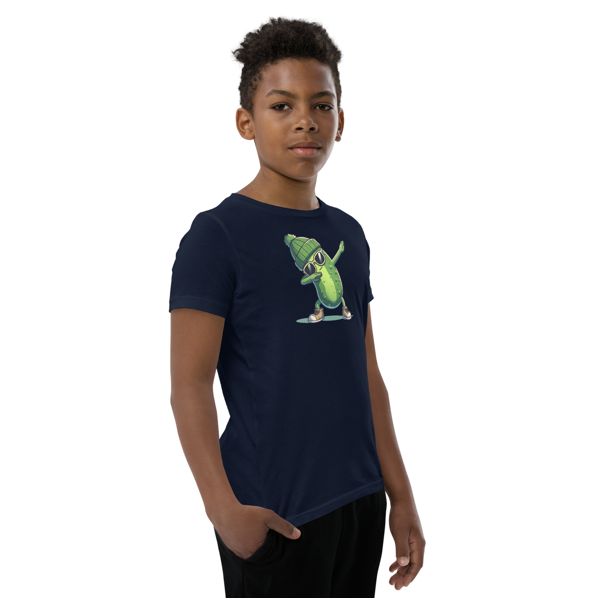 Dabbing Pickle youth t-shirt in Navy, angled front view