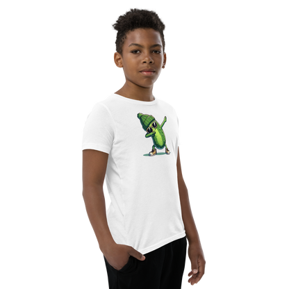 Dabbing Pickle youth t-shirt in White, angled front view